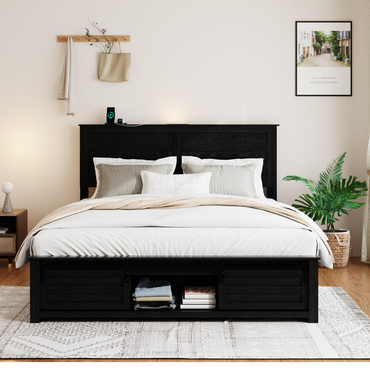 PAUKIN Queen Size Wooden Bed Frame with Headboard, Farmhouse Storage Bedframe with Sliding Barn Door Footboard and Charging Station Easy Assembly, No Box Spring Needed (Classic Black, Queen) PAUKIN