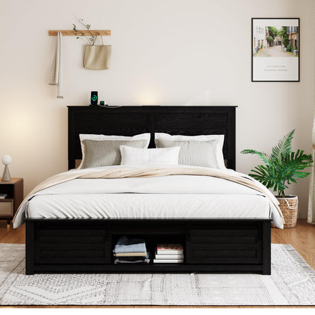 PAUKIN Queen Size Wooden Bed Frame with Headboard, Farmhouse Storage Bedframe with Sliding Barn Door Footboard and Charging Station Easy Assembly, No Box Spring Needed (Classic Black, Queen) PAUKIN