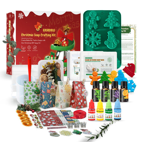 EDSRDRUS Christmas Soap Making Kit for Adults - 2lbs Soap Base, Fragrance Oils, Dyes, 3D Tree Snowflake Gingerbread Santa Snowman Molds and Christmas Packaging Supplies EDSRDRUS