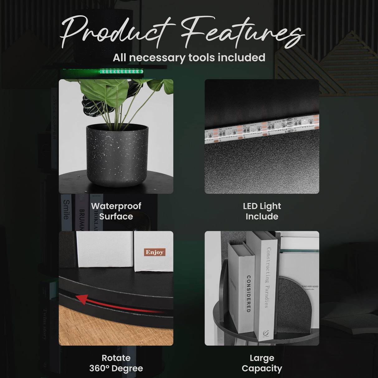 Black Rotating Book Shelf with LED Lights Generic