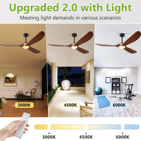 Ceiling Fans with Lights, 60 Inch Solid Wood Propeller Ceiling Fans with Lights and Remote Control Outdoor Ceiling Fan for Patios Indoor Living Room 3 Blades, Quiet DC Motor ETL Listed, Dark Walnut Haipeel