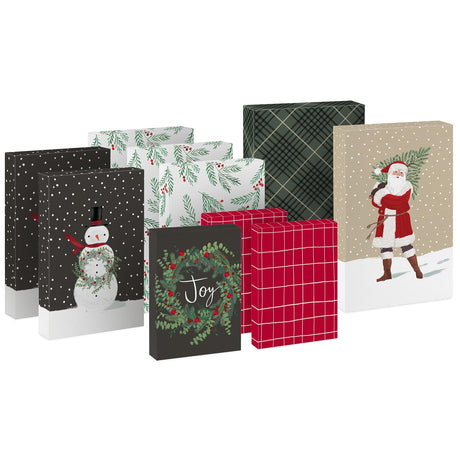 Hallmark Christmas Shirt Boxes for Presents (10 Clothes Boxes with Lids: 3 Small 11", 5 Medium 14", 2 Large 16") Red, Green and Black Plaid, Snowmen, Santa, Winter Greenery Hallmark