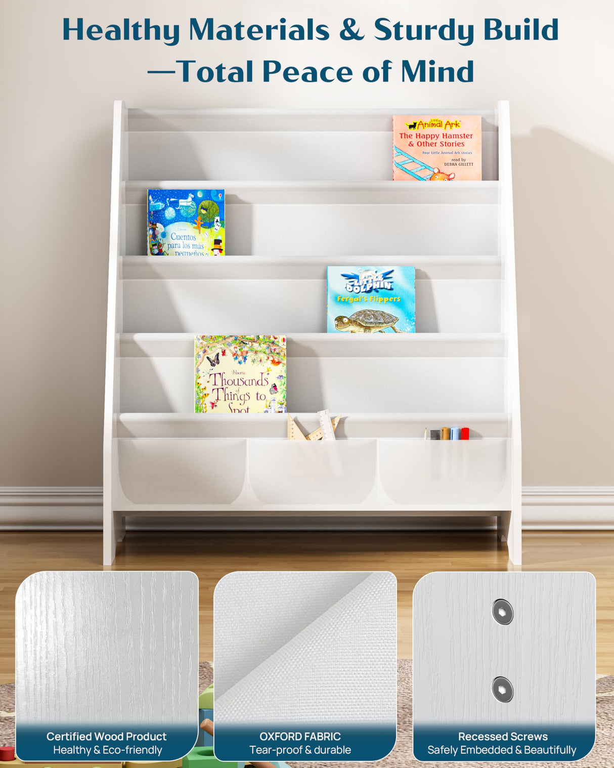 SEIRIONE Sturdy Kids Bookshelf,4-Tier Book Shelf for Kids Room with Tear-Proof Oxford Fabric-Nursery Room Playroom Classroom,Deep Slings to Keep Books Upright,Ideal Height for Toddler Age 3+, White SEIRIONE
