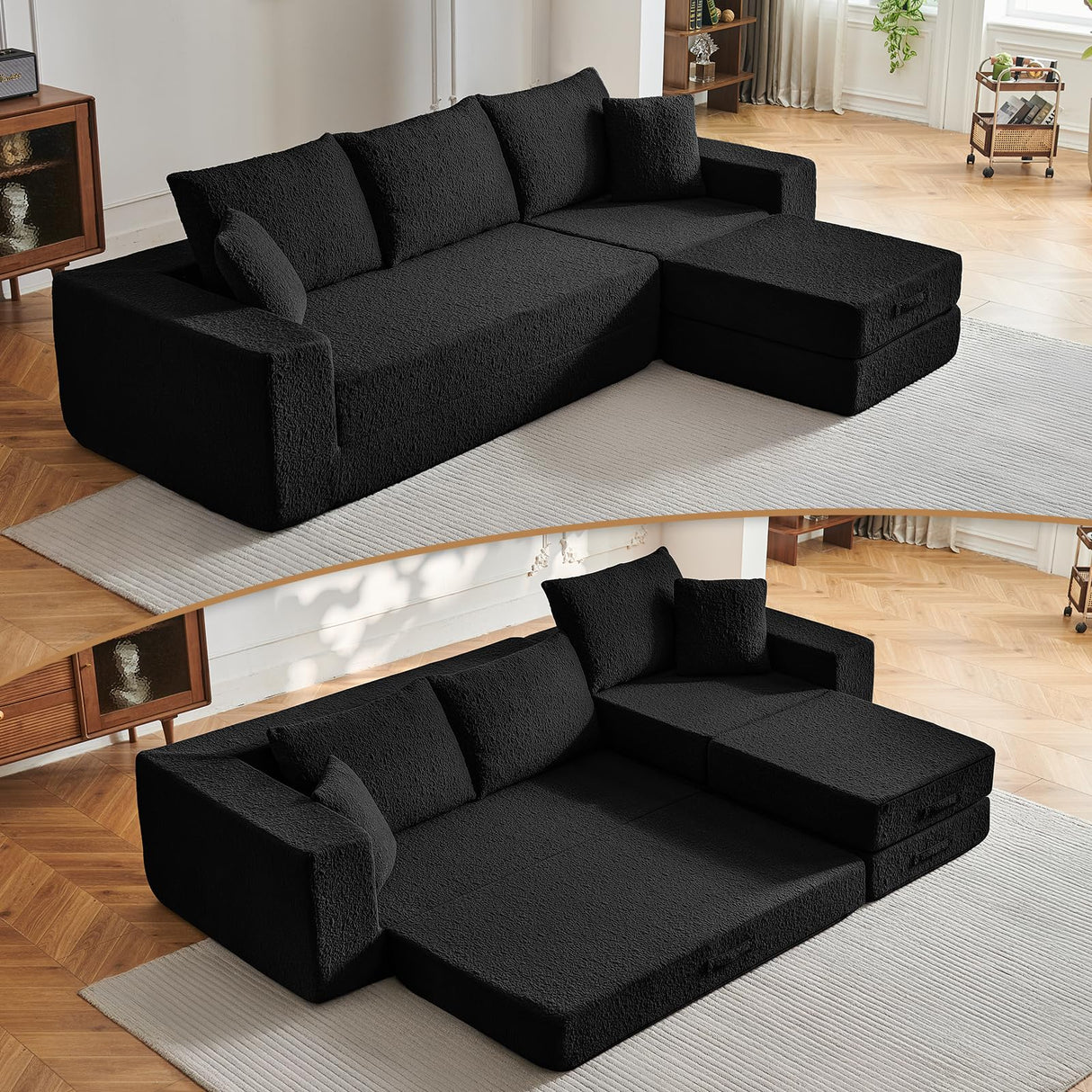 108" Modular Sectional Cloud Sofa - Boneless Couch with Deep Seat, Non Slip Base, Folding Sofa Sectional Couches for Living Room, Cozy Modular Couch with L-Shape Chaise, No Assembly Required, Black CozyMine