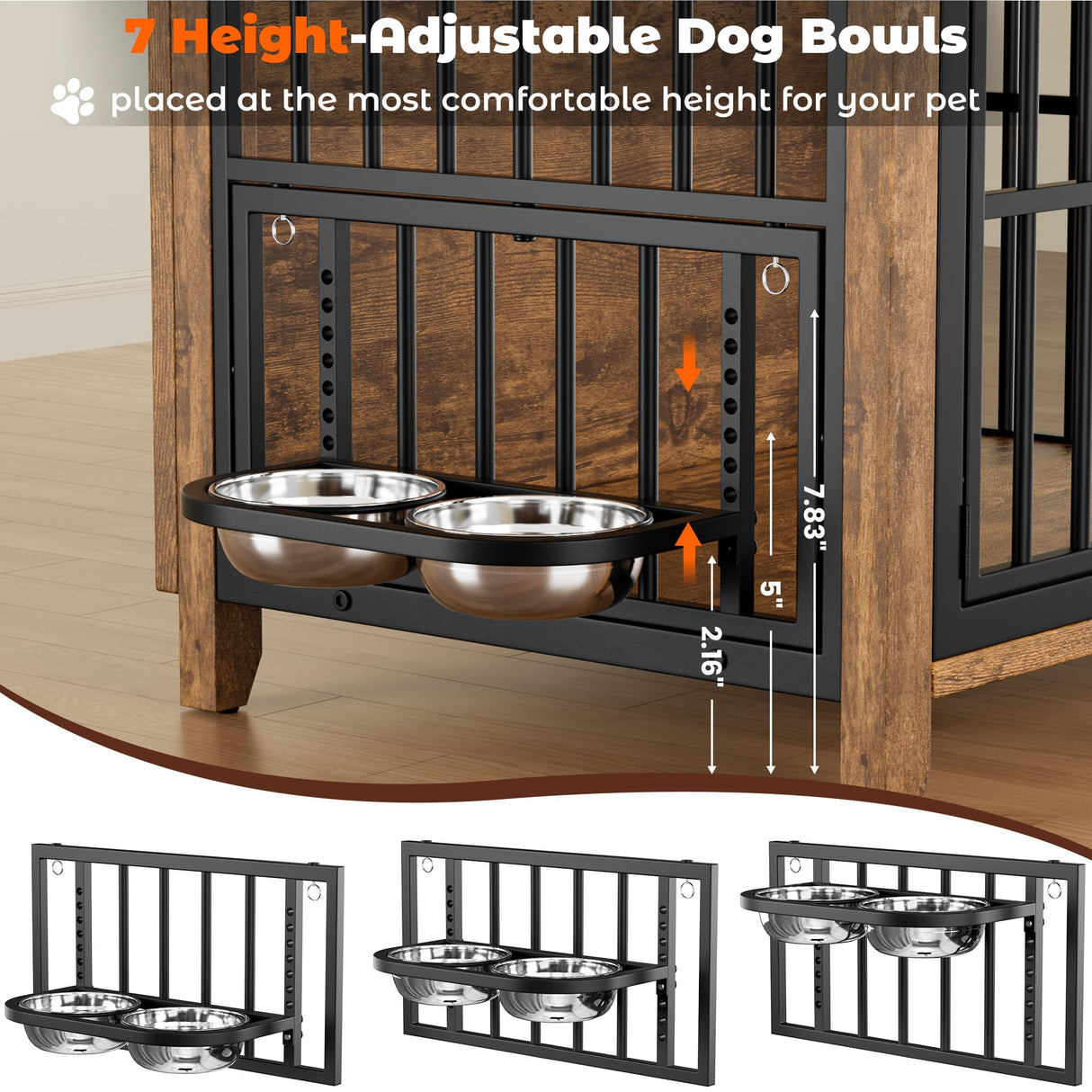 Lulive Dog Crate Furniture, Wooden Dog Kennel Indoor with Adjustable 360°& Height Dog Bowls, Double Doors Furniture Dog Crates End Table for Small/Medium 31.5" L*22.5" W*25.6" H, Brown Lulive