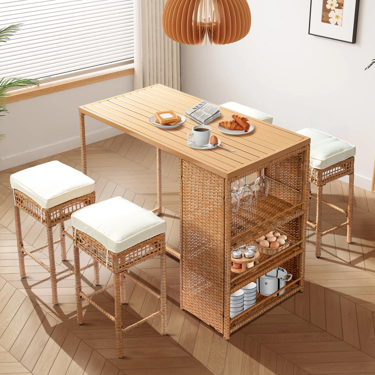 VINGLI 5 Piece Patio Wicker Bar Set, Outdoor Bar Height Table & 4 Rattan Bar Stool Chairs Outdoor Dining Bistro Set for Backyard, Balcony, Garden and Poolside VINGLI