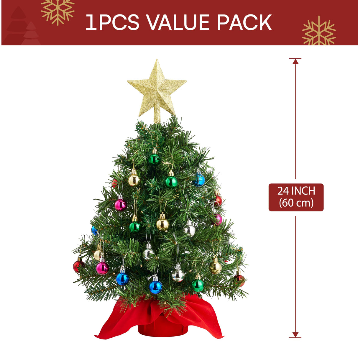 Joiedomi 24"/2FT Mini Christmas Tree Tabletop Set with Clear LED Lights, Artificial Mini Christmas Tree with Star Treetop and Hanging Ornaments, Best DIY Xmas Decorations Joiedomi