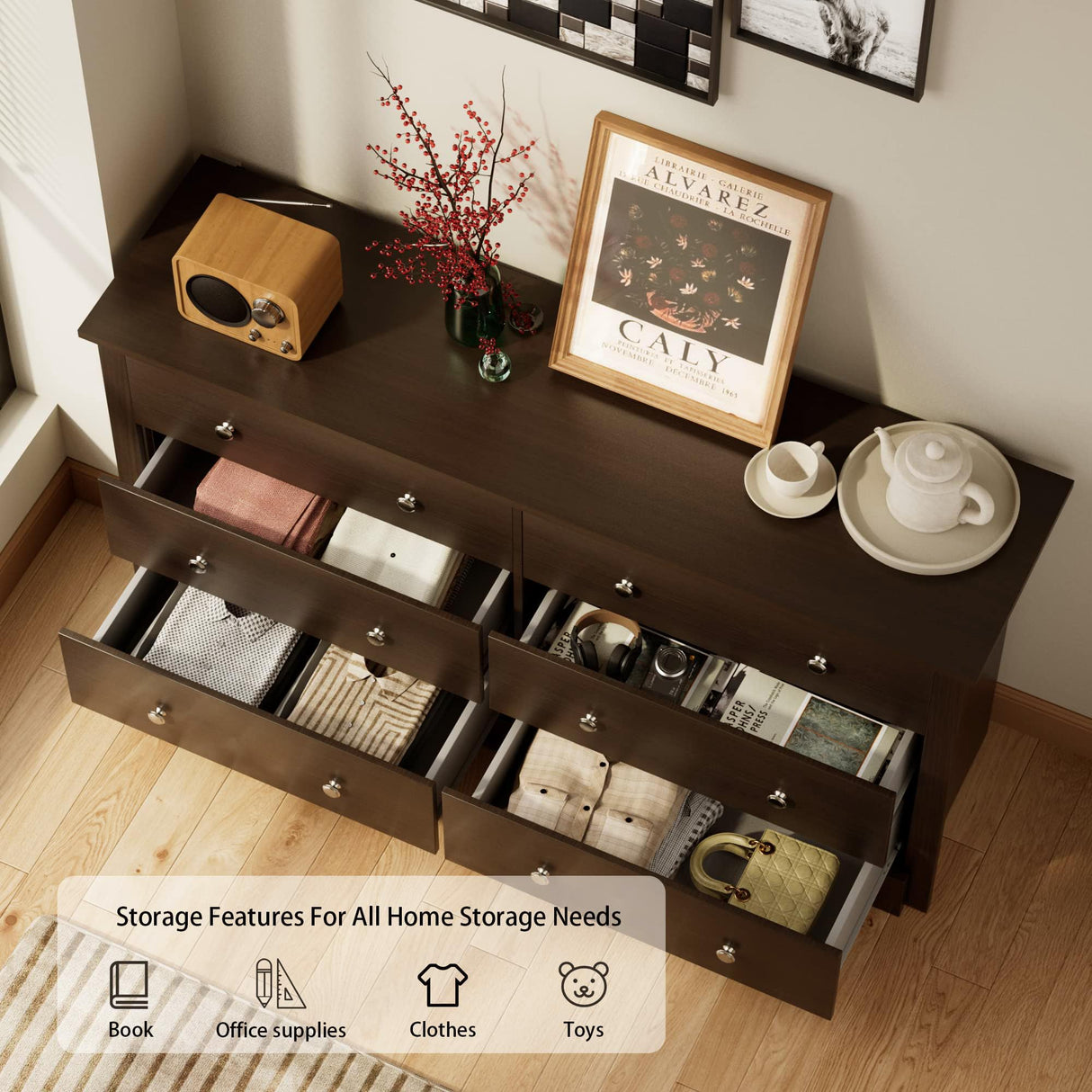 Furniwell 6 Drawer Dresser for Bedroom, Wood Dresser Wide Storage Organizer for Living Room Hallway Closets (Brown) Furniwell