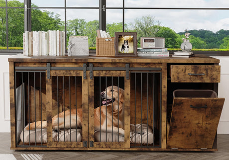 KIGOTY Furniture Style Dog Crate with Storage, 71 Inch Double Dog Crate for 2 Dogs, Wooden Large Dog Kennel with Drawers,Tilt Out Trash Cabinet,Divider and Sliding Doors (Rustic Brown) KIGOTY