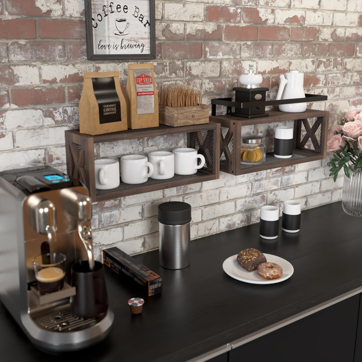 RICHER HOUSE Floating Wood Shelves with Guardrail, Rustic Brown, Wall Mounted, 2 Shelves, Farmhouse Style RICHER HOUSE