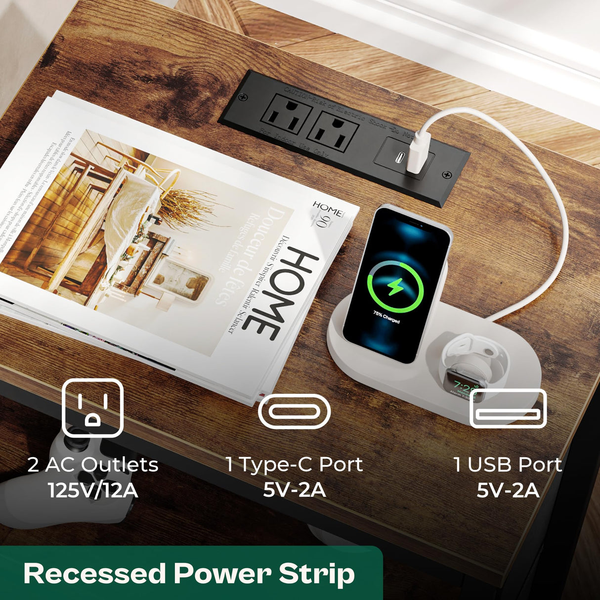 Huuger Nightstand with Charging Station, 27.6 Inch Bedside Table with Fabric Drawers, End Table Side Table with USB Ports and Outlets, Night Stand for Bedroom, Rustic Brown Huuger