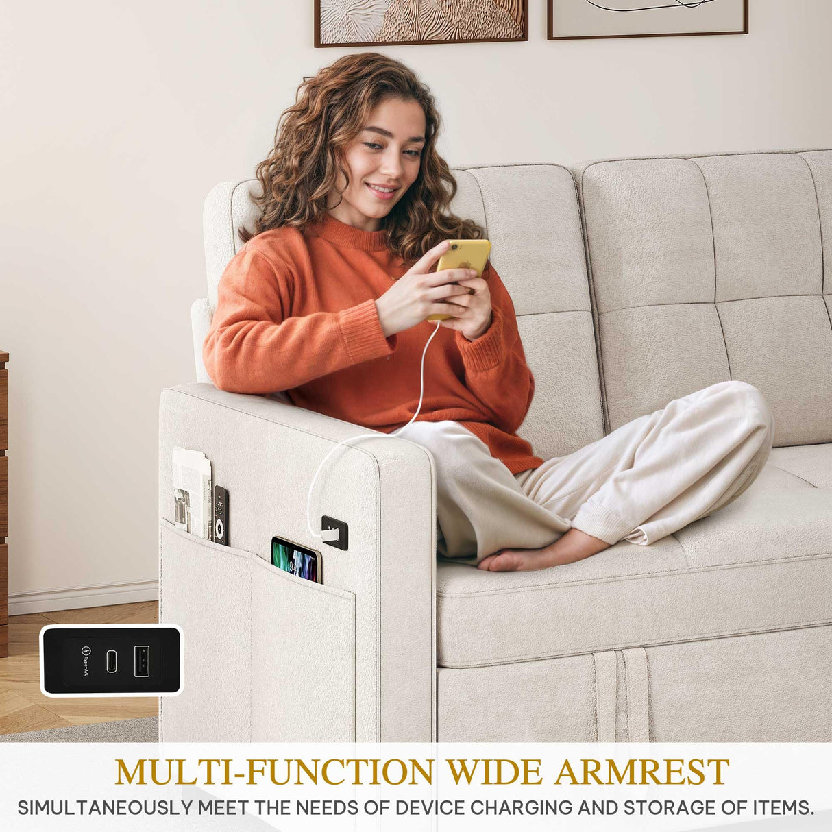 DWVO 55" Convertible Sofa Bed, 3-in-1 Sleeper Sofa with Pull-Out Couch, Velvet Futon Couch with Adjustable Backrest and USB, Modern Loveseat for Living Room Apartment, Light Beige DWVO