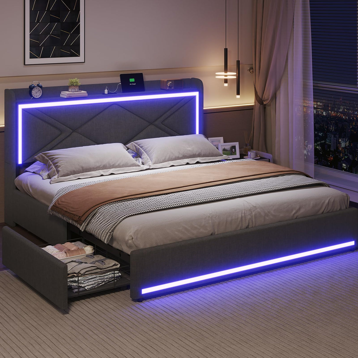 Full Bed Frame with RGB LED Lights Headboard & USB-C/A Charging Station, Modern Upholstered Platform Bed with Storage Drawers, Heavy Duty Steel Slats, No Box Spring Needed, Dark Gray BTHFST