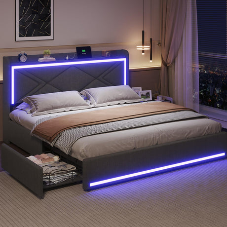 Full Bed Frame with RGB LED Lights Headboard & USB-C/A Charging Station, Modern Upholstered Platform Bed with Storage Drawers, Heavy Duty Steel Slats, No Box Spring Needed, Dark Gray BTHFST