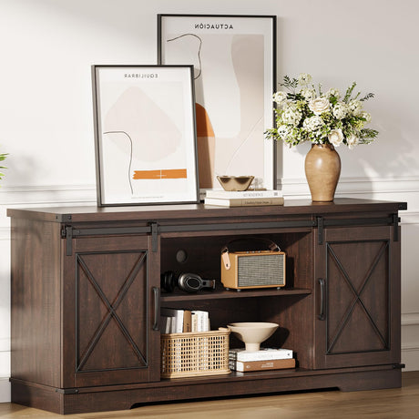 IDEALHOUSE Farmhouse TV Stand and Entertainment Center for TV Up to 65 Inches with Sliding Barn Doors and Adjustable Shelf, Tv Media Console Table with Storage Cabinet for Living Room, Bedroom, Brown IDEALHOUSE