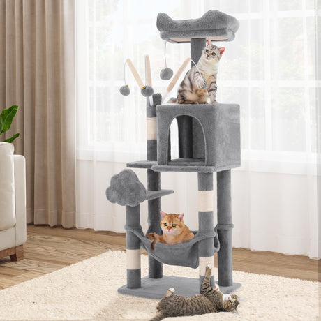 YITAHOME 44in Multi-Level Cat Tree for Indoor Kittens, Cat Furniture with Scratch Posts, Window Padded Plush Perch, Comfortable Hammock, and Interactive Pompoms, Light Gray YITAHOME