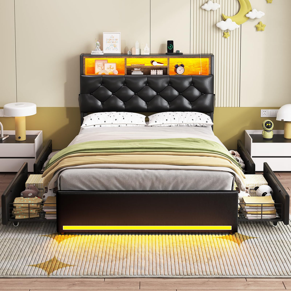 HAUOMS Twin Bed Frame with 3-Tier Headboard & Hidden Storage, Upholstered LED Bed Frame with 4 Drawers and Charging Station,Platform Metal Bed Frame with Storage, No Box Spring Needed, PU Black HAUOMS