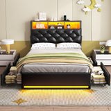 HAUOMS Twin Bed Frame with 3-Tier Headboard & Hidden Storage, Upholstered LED Bed Frame with 4 Drawers and Charging Station,Platform Metal Bed Frame with Storage, No Box Spring Needed, PU Black HAUOMS