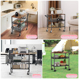 WDT 3 Tier Rolling Carts with Wheels, Heavy Duty Rolling Utility Cart with Wood Tabletop, Commercial Grade Metal Cart with Handle and Hooks, NSF Storage Serving Carts for Kitchen Island, Wood+Metal WDT