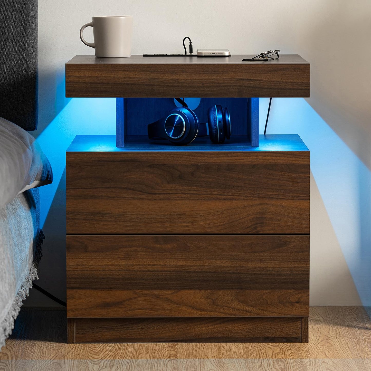 HOMMPA Set of 2 Rustic Nightstand with Wireless Charging Station LED Bedside Table with 2 Drawers End Table with Open Shelf Smart Nightstand Night Stand with Led Light for Bedroom Dark Walnut - WoodArtSupply