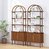 Turtle&Myrtle Tall Arched Bookshelf, Mid Century Modern Fluted Bookcase Cabinet with Sliding Doors, Curved Metal Frame Bookcase, Industrial Storage Display Shelving for Living Room, Bedroom (Walnut) Turtle&Myrtle