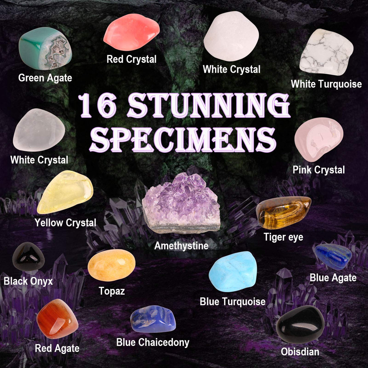 Gemstone Dig Kit, 16 Real Gem Stones and Crystals Excavation Kit, STEM Educational Toys Science Kit for Kids 5-7 8-12, Easter Basket Stuffers Gifts for Boys Girls DoDoMagxanadu