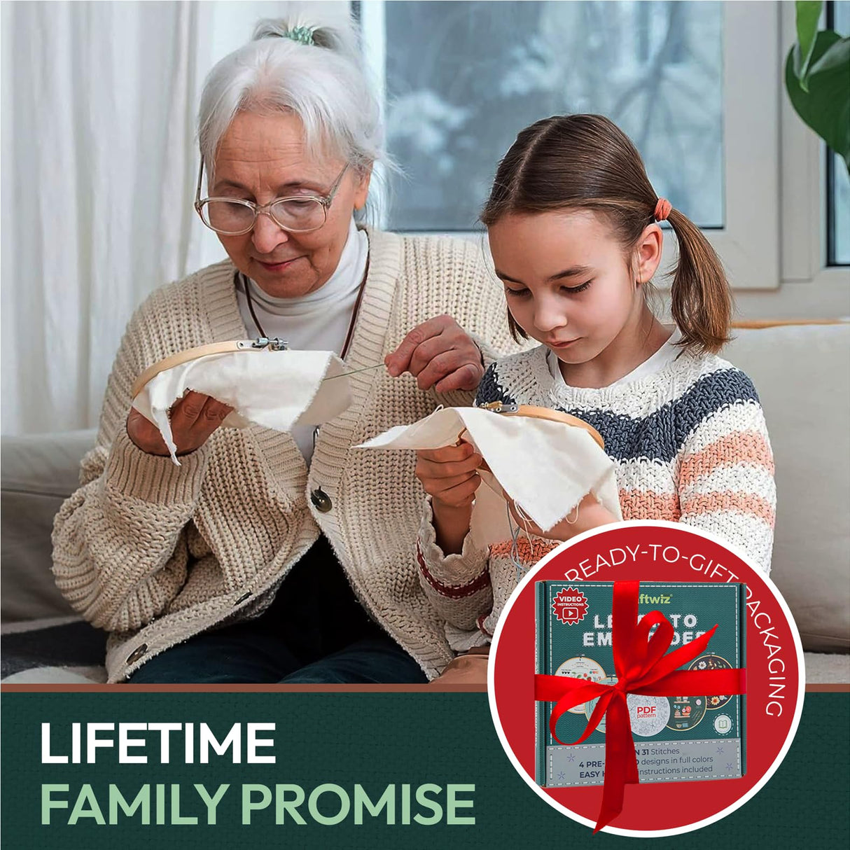 Craftwiz 4-Piece Starter Embroidery Kit for Beginners with Simple Patterns, Learn to Embroider 31 Stitches with Hand Embroidery Kit Craftwiz