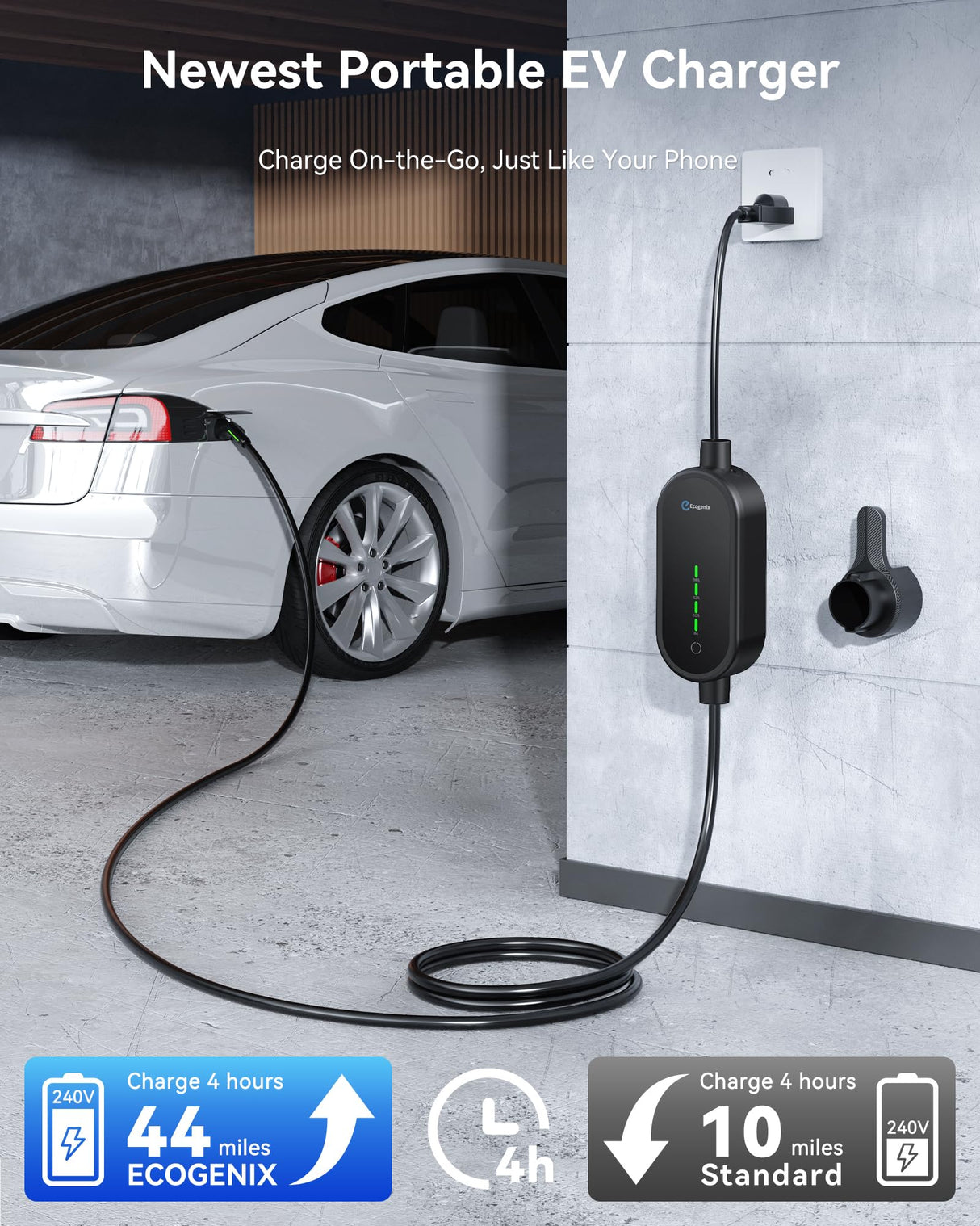 Level 1&2 EV Charger, 2025 Upgraded 16A Electric Car Mobile Charger | Adjustable Current | 110V-240V | NEMA 5-15 & NEMA 6-20 Plug | 21ft Cable | Home Portable Charger for All SAE J1772 EVs Ecogenix