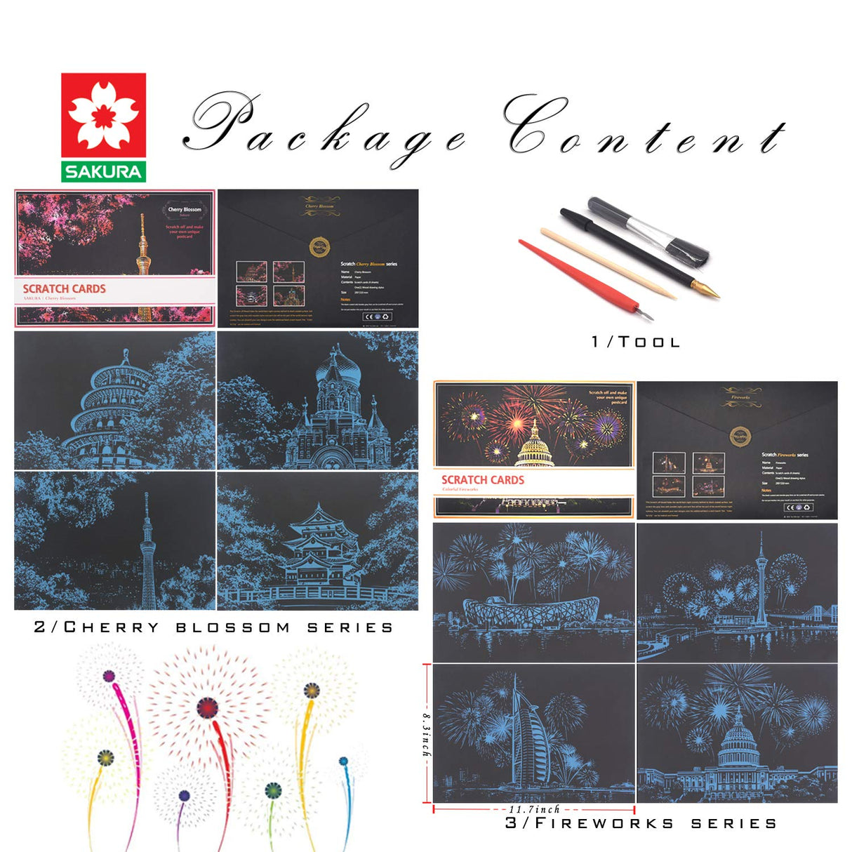 Scratch Art for Adults and Kids-City Landmarks Scratch Painting Craft Kit (8 Sheets A4)|DIY Foil Engraving Art Set|Stress Relief Gift for Travel Lovers, Craft Lovers, Home Decor (Firework&Sakura) BOTEEN