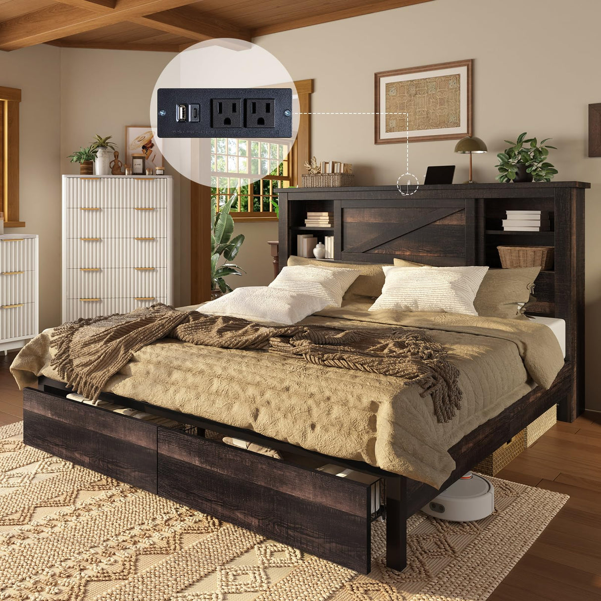 AMERLIFE 47.2" H King Bed Frame with Hidden Space Bookcase Headboard and Charging Station, Beds with 2 Storage Drawers and Wood Slats, No Box Spring Needed, Dark Oak AMERLIFE