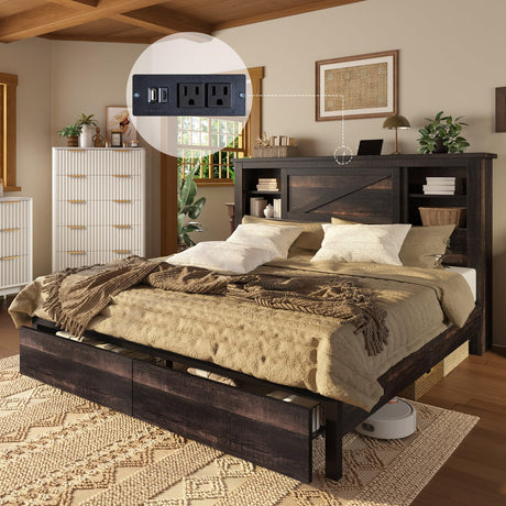 AMERLIFE 47.2" H King Bed Frame with Hidden Space Bookcase Headboard and Charging Station, Beds with 2 Storage Drawers and Wood Slats, No Box Spring Needed, Dark Oak AMERLIFE