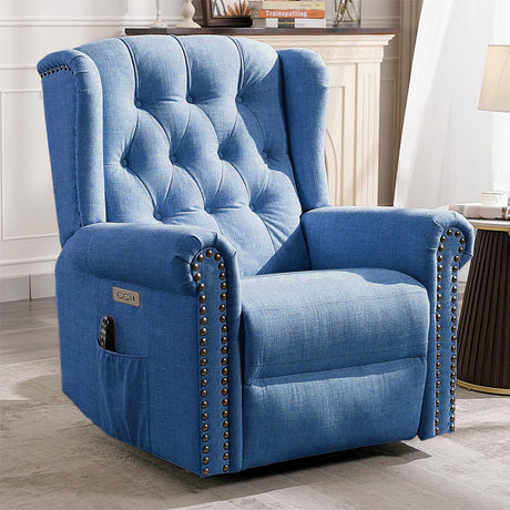 MEETWARM Power Swivel Rocking Glider Recliner Chair with Heat and Vibration, Electric Rocker Nursery Reclining Chair, Wingback Tufted Upholstered Recliner for Living Room, Type-C & USB Ports (Blue) MEETWARM