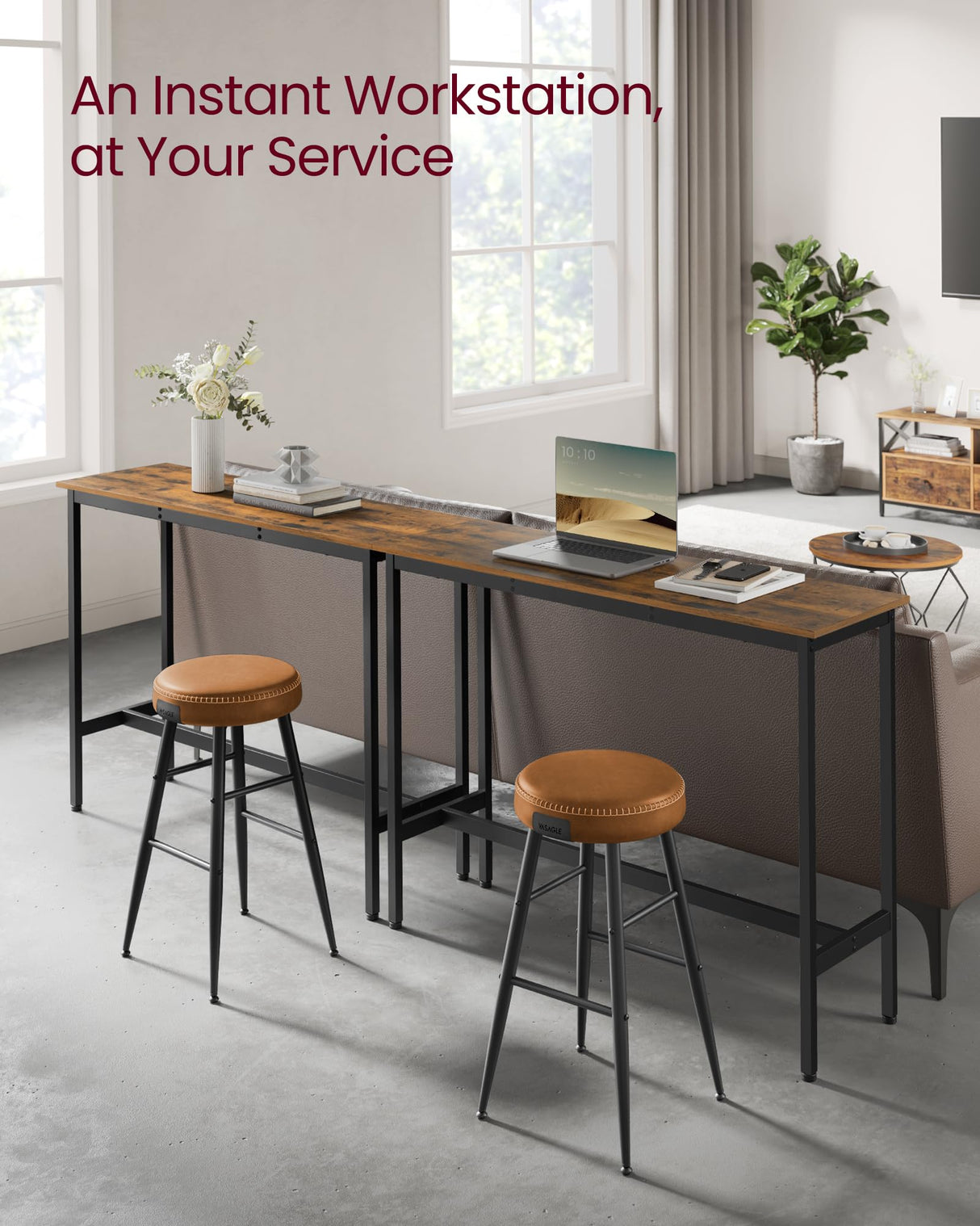 VASAGLE Narrow Rustic Brown Bar Table with Sturdy Metal Frame – High Pub Table for Small Spaces VASAGLE