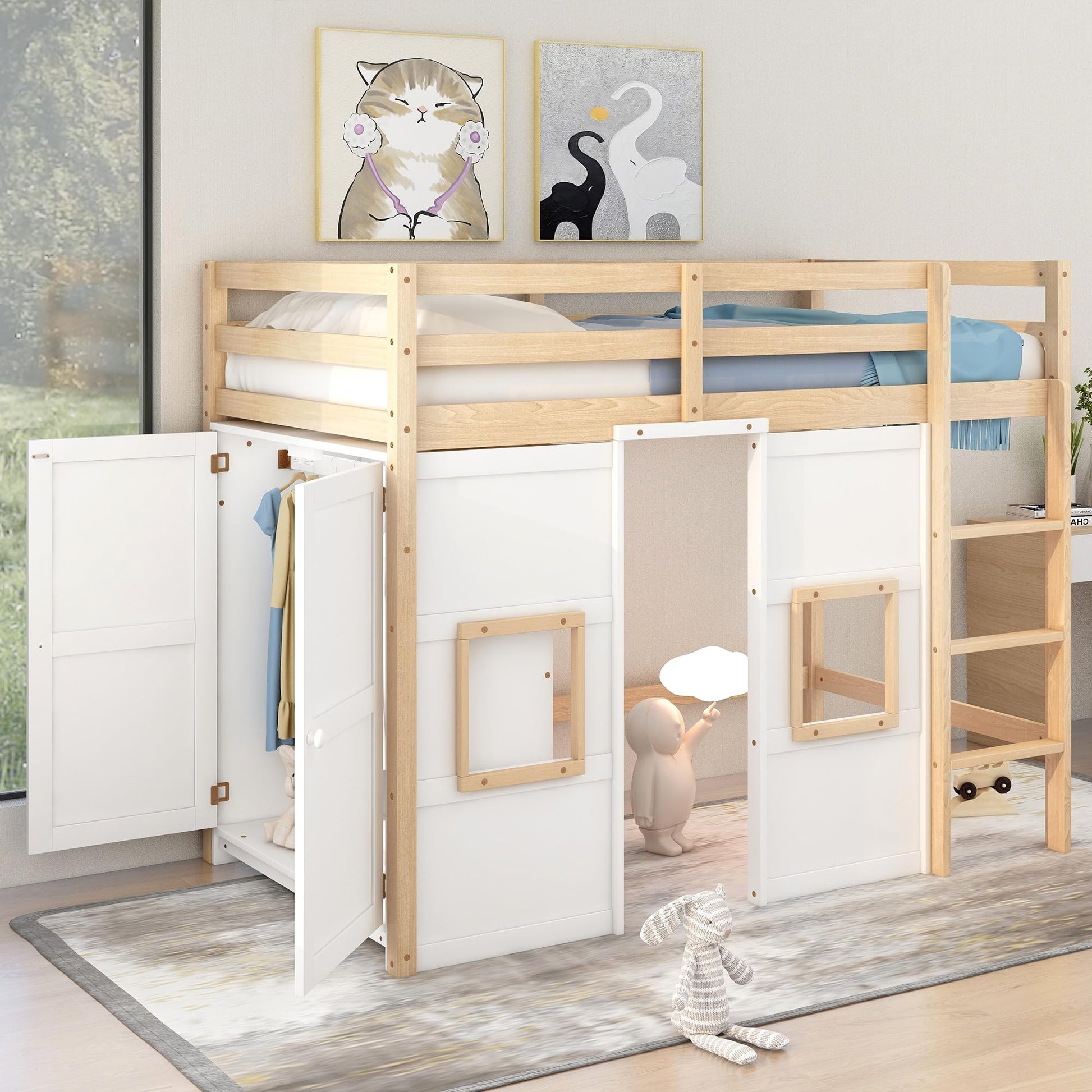 Harper & Bright Designs Twin Size Loft Bed with Storage Wardrobe, Playhouse Design, Guardrail & Ladder in Natural & White - WoodArtSupply