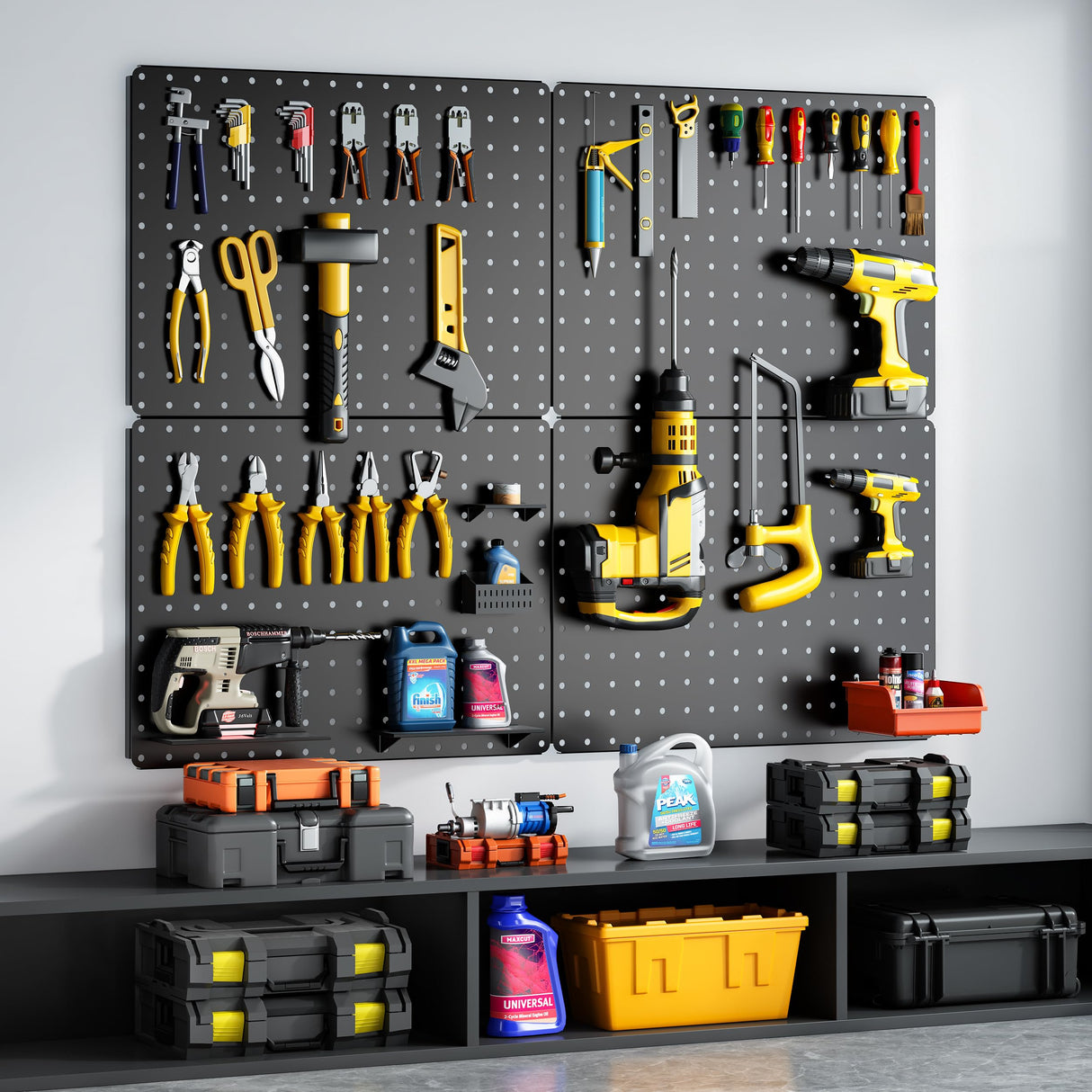 Hogurity Peg Board, 110pcs Metal Pegboard Kit, Includes 4 Pack Black Peg Board Panels with Accessories and Hook Locks, Large Heavy Duty Peg Boards for Walls Home, Garage Tool Storage, Workbench Hogurity