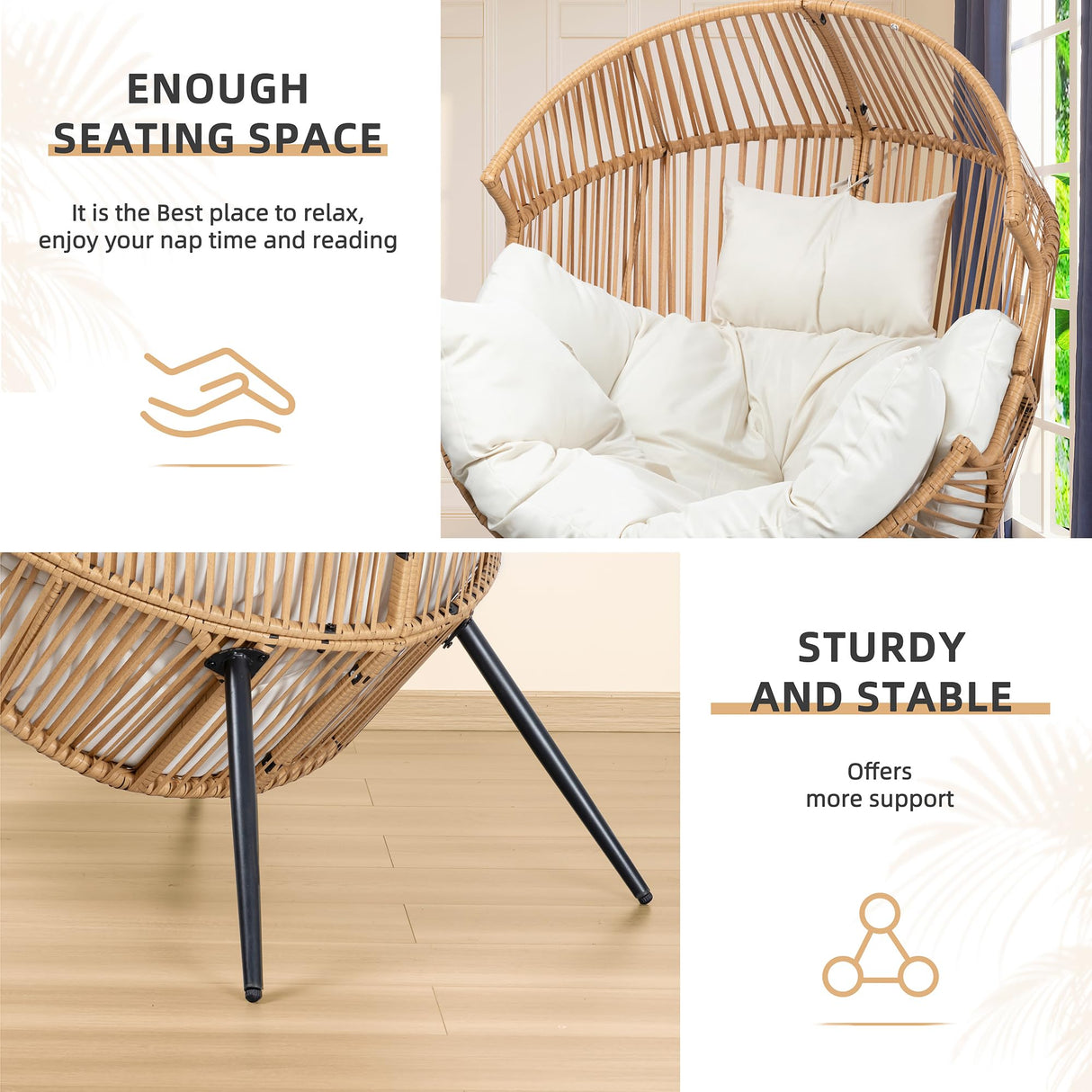 Vongrasig Wicker Egg Chair PE Rattan Chairs with Cushion, Oversized Patio Lounge Chair for Indoor, Outdoor, Balcony, Backyard, Garden, Living Room, Beige Vongrasig