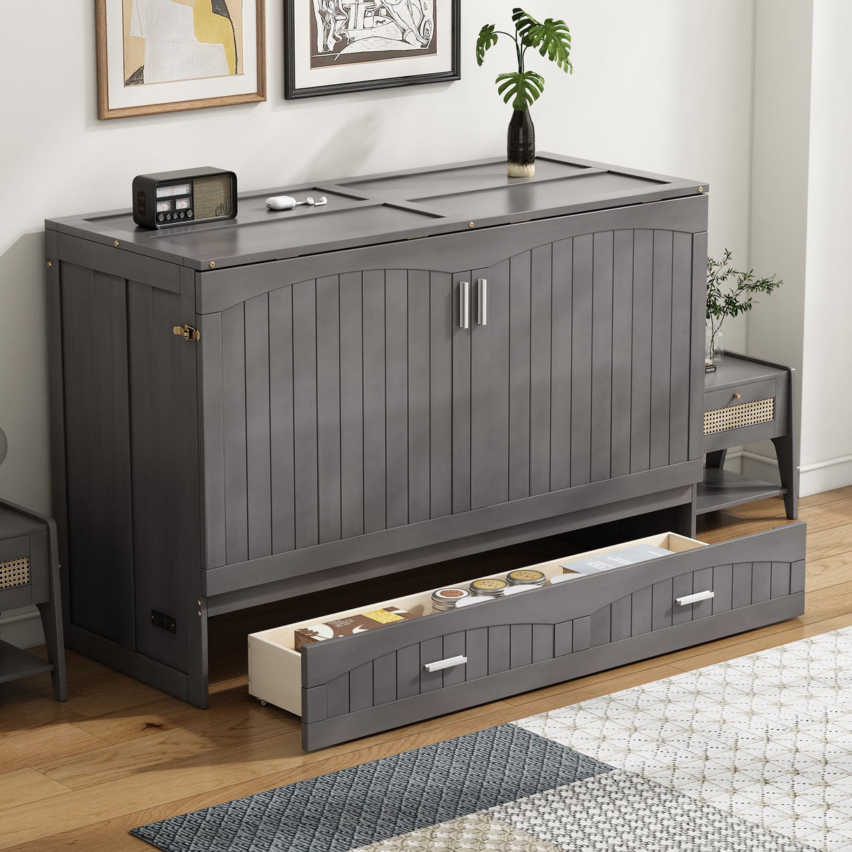 Harper & Bright Designs Murphy Bed Queen Cabinet Built-in USB Charging Station and Large Storage Drawer, Hidden Guest Cube Chest Beds for Bedroom/Living Room/Apartment Gray Harper & Bright Designs