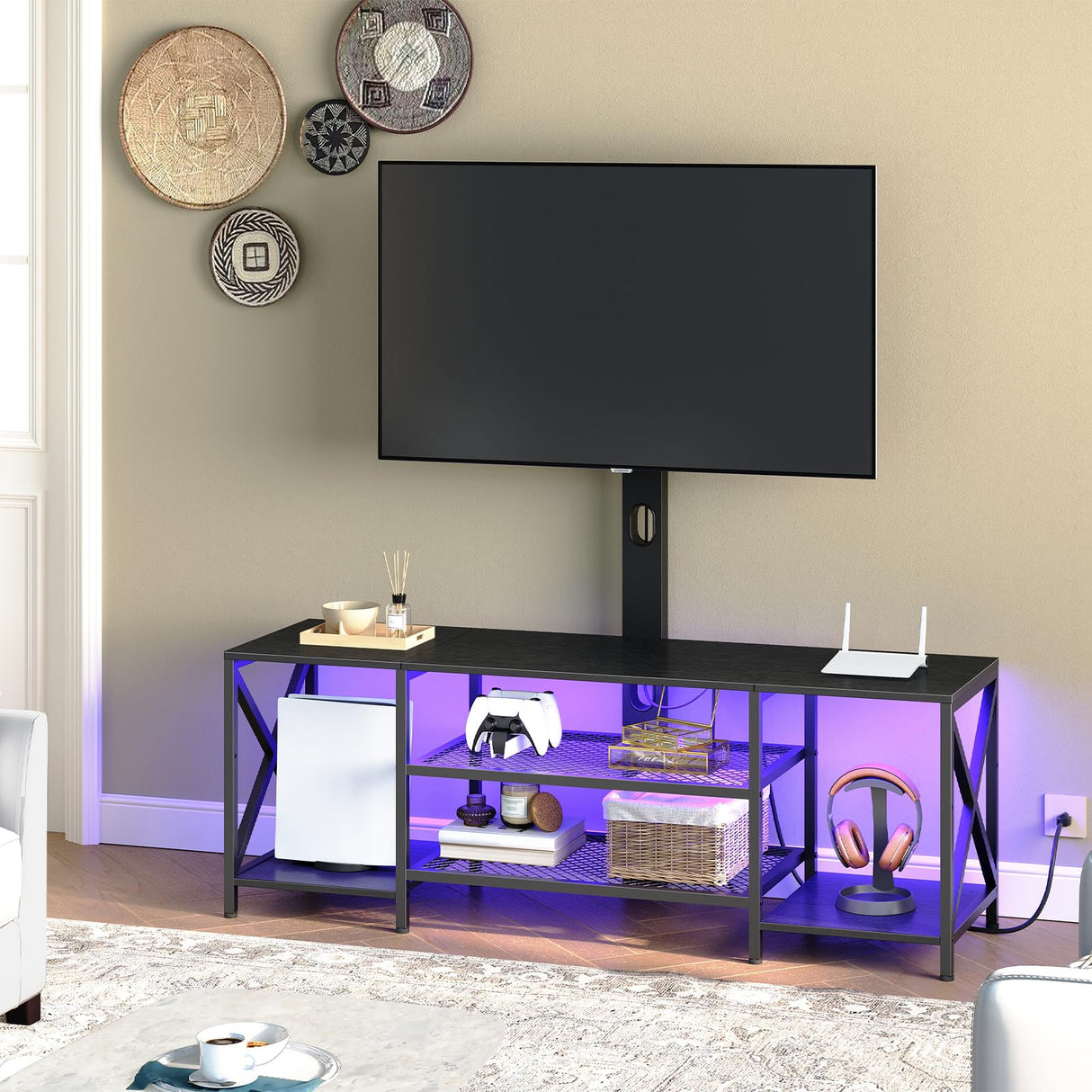 HOOBRO TV Stand with Mount and Power Outlet, LED Entertainment Center with Swivel TV Mount for 32/45/55/60/65/70/75 inch TVs, TV Cabinet with 3-Tier Storage, for Living Room, Bedroom, Black BB46UDDS01 HOOBRO