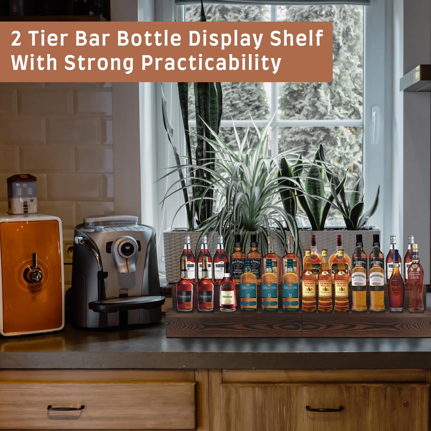 TIRYIUOU 2 Pack Bottle Display Shelf, Wood Bar Bottle Shelves,Tabletop Wine Rack,Tiered Bottle Stand, Bar Shelf Stand for Liquor, Liquor Bottle Display Shelf, Bar Display, Home Storage - WoodArtSupply