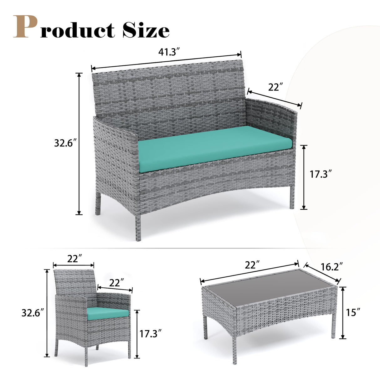 VONZOY Patio Furniture Set 4 Pieces Small, Belcony Furniture Outdoor Wicker Patio Conversation Set for Backyard,Porch, Deck,Garden,Poolside and Balcony (Turquoise) VONZOY