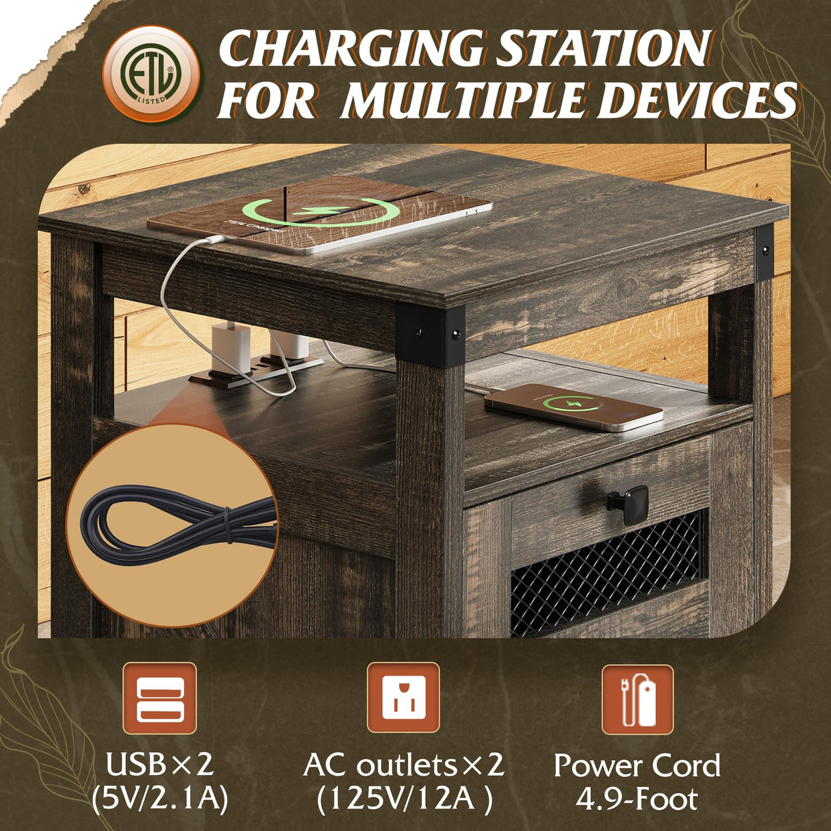 WLIVE Night Stand with Charger Station, End Tables Bedroom, Living Room, Side Table with 2 Wooden Storage Drawers, Farmhouse Nightstand with USB Ports and Outlets, Dark Rustic Oak WLIVE