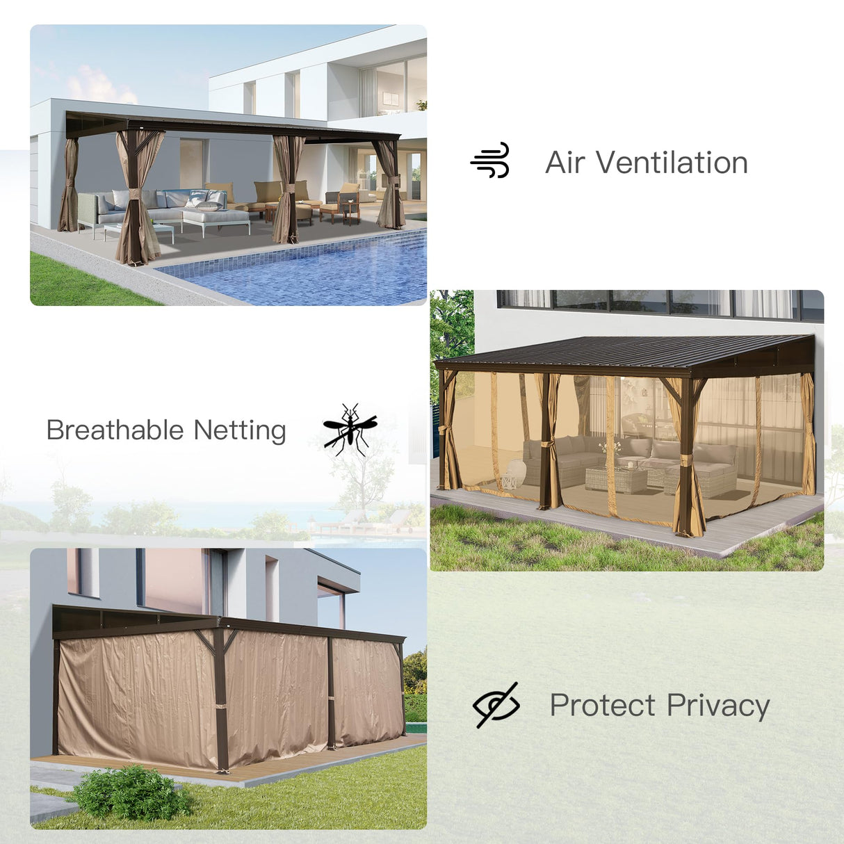 Domi 12x20FT Lean to Gazebo, Hardtop Wall Mounted Gazebo with Sloping Galvanized Steel Roof, Aluminum Frame, Drainage System, Curtains and Netting, for Patio, Deck, Garden, Backyard domi outdoor living