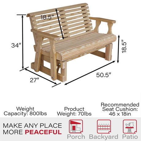 Amish Heavy Duty 800 Lb Roll Back Pressure Treated Porch Glider (4 Foot, Unfinished) Amish Casual