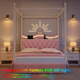 Keyluv Full LED Canopy Bed Frame with Storage Drawers and Charging Station, Four Poster Bed Frame with Upholstered Button Tufted Crown Headboard, 2 in 1 Royal Princess Pink Bed with Removable Posts Keyluv