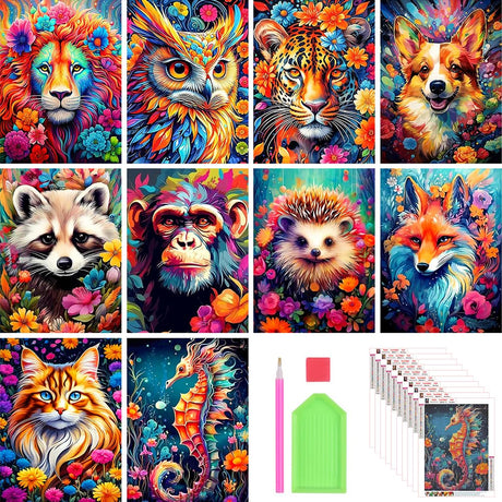 Stalente Diamond Painting Kits for Adults, 10 Pack 5D Diamond Art Kits for Beginners Round Full Drill Diamond Painting for Home Wall Decoration Gift 12×16inch, Animal Stalente