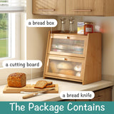 viewcare Large Bread Box for Kitchen Counter With Cutting Board, 2-Tier Bread Box, Bamboo Wood Large Capacity Bread Storage Bin with Acrylic Wavy Door Panel viewcare