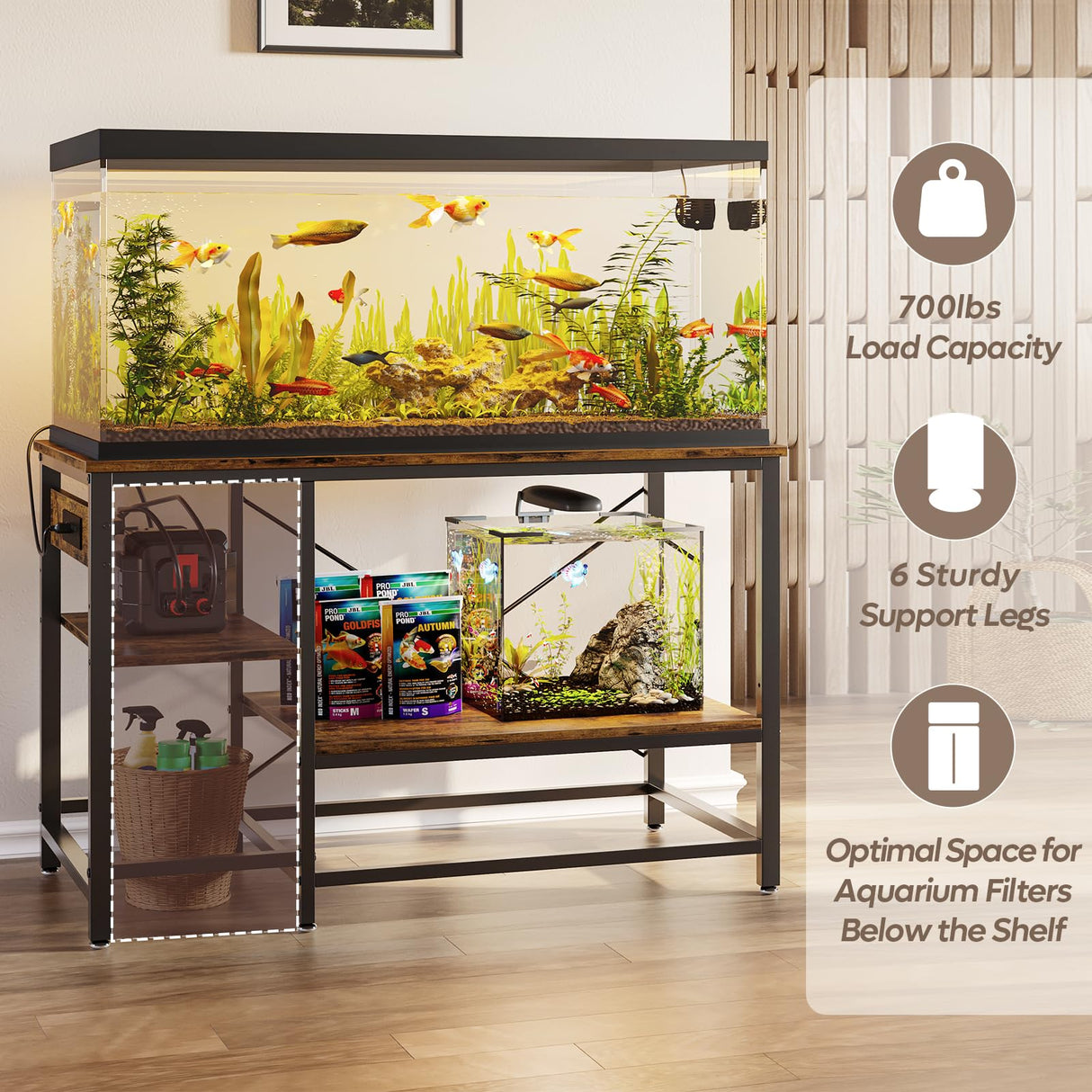 Bestier 55 Gallon Fish Tank Stand with Power Outlet, 49x13 Metal Aquarium Stand, 6-Leg Long Reptile Tank Stand with 3-Tier Adjustable Storage Shelves, 700LBS Capacity Bestier