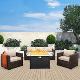 4 Pieces Outdoor Patio Furniture Set 43 in Outdoor Fire Pits Wicker Outdoor Furniture Chairs and Sofa 60000 BTU Outdoor Propane Fire Pit Table Non-Slip Cushions and Waterproof Covers, Khaki Oasishine
