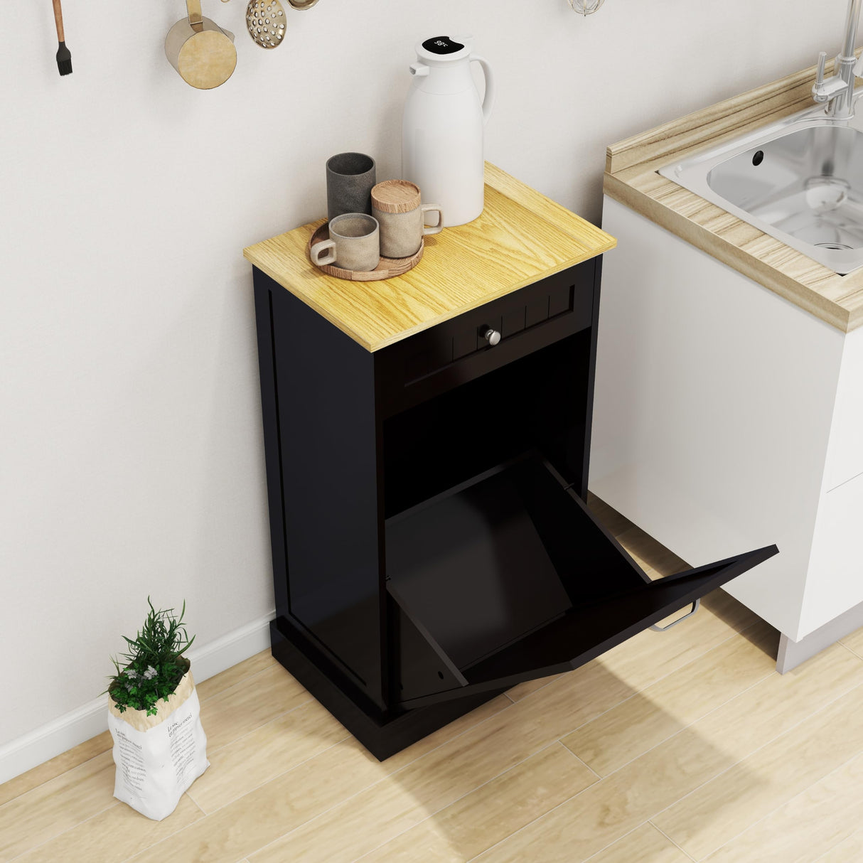 MiHunnor Wooden Simple Style Kitchen Trash Cabinet, Wooden Frame with Drawers and Tilt-Out Trash Cabinet for 10 Gallon Trash Cans 19.69'' W x 13.78'' D x 35.43'' H (Black-021) MiHunnor