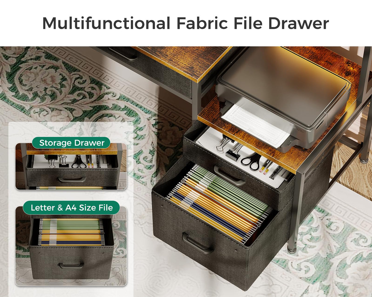 AODK 48-Inch Computer Desk with Fabric File Cabinet and Fabric Drawers, Reversible Office Desk with LED Strip and Power Strip, Gaming Desk with Monitor Riser, Writing/Study Table for Home, Vintage AODK